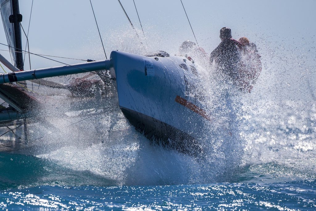 The racing catamaran Frequent Flyer in action at Airlie Beach Race Week 2016. Photo: Andrea Francolini